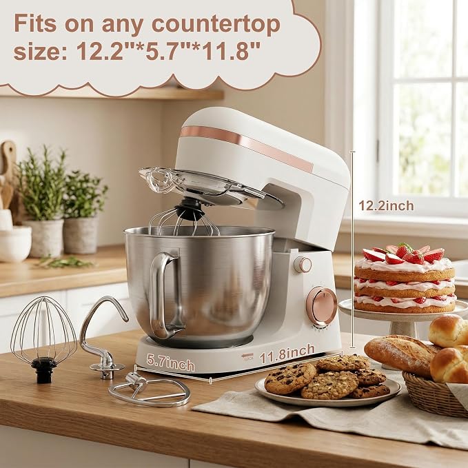 6.5 Qt 10-Speed Tilt-Head Stand Mixer with Dough Hook, Whisk, Beater & Splash Guard, Electric Kitchen Mixer for Baking, Cakes, Bread, and Home Cooking (White)