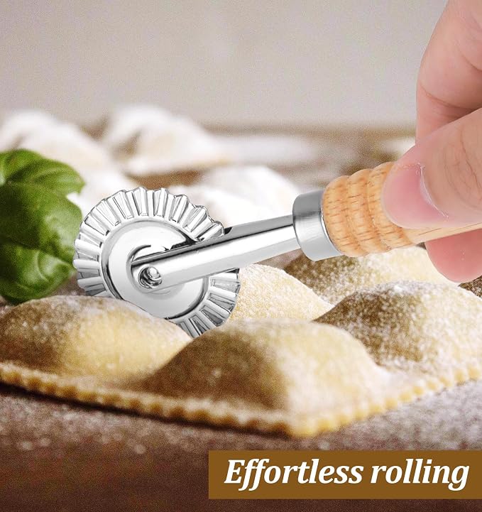 Fluted Pastry Wheel, Pastry Wheel Cutter Tool with Long Wooden Handle, Kitchen Cutter Tool for Pasta, Dumplings and Baking