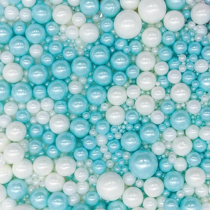Dynastang Mixed Size Light Blue & White Pearls Sprinkles Edible Pearls Cake Decorations Cupcake Toppers Decorating Perfect for Cakes, Cupcakes, Desserts 3OZ
