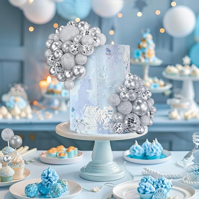 56 PCS Colorful Ball Shaped Cake Topper Pearl Balls Cupcake Cake Insert Topper for Birthday Party Wedding Decoration Supplies (Silver)