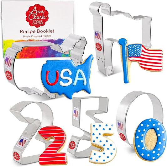 Ann Clark 5-Pc. America 250th Anniversary 4th of July Cookie Cutter Set, Made in USA, Numbers 2 5 0, Flag & USA Map