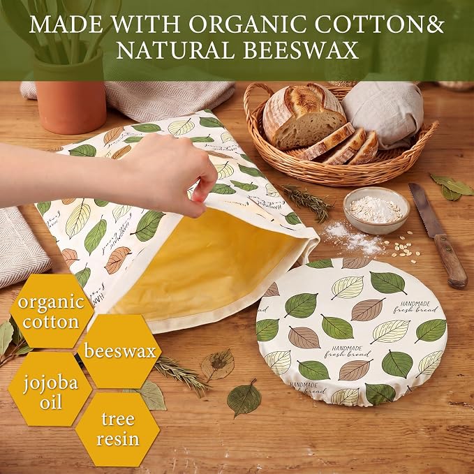 2 Pack Reusable Beeswax Bread Bags for Homemade Sourdough XL 17x13 Inch Beeswax Bread Bags for Storage Large Linen Bowl Cover Keeping Fresh Longer Safe Storage(Bodhi Leaf)