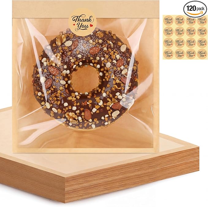 120 Pack Cookie Bags with Seal, 8.3x9.8 Inch Self Sealing Paper Bakery Bags with Window, Heat Sealable & Grease Resistant To Go Sleeves for Donuts Treat Brownie Waffle Sandwiches