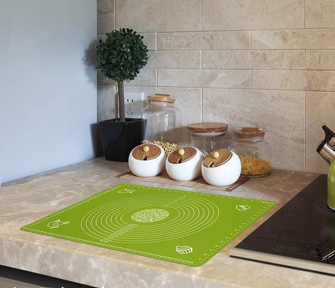 Silicone Baking Mat for Pastry Rolling Dough with Measurements, 25.6 x 17.7 BPA Free Non stick and Non Slip Green Table Sheet Baking Supplies for Bake Pizza Cake