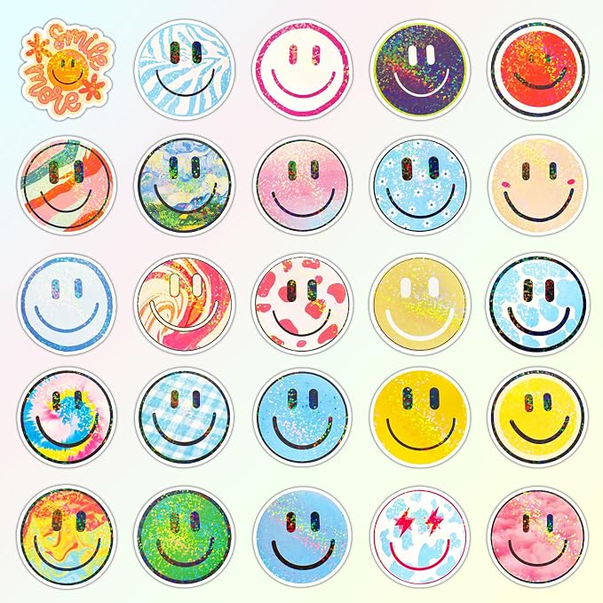 50PCS Smiling Glitter Stickers, Cute Water Bottle Stickers for Kids, for Teaching Rewards, Notebooks, Stationery, Luggage, Cartoon PVC Happy Sticker