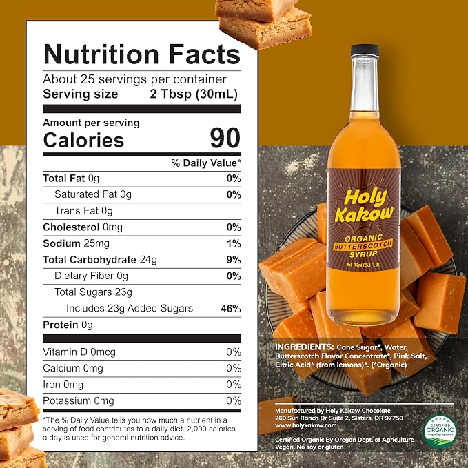 Holy Kakow Organic Butterscotch Syrup - Coffee Syrup, Liquid Sugar Coffee Flavoring Syrup, Cane Sugar Syrup, Liquid Sugar for Iced Coffee, Butterscotch Syrup for Coffee, All-Natural, Non-GMO - 750 ml