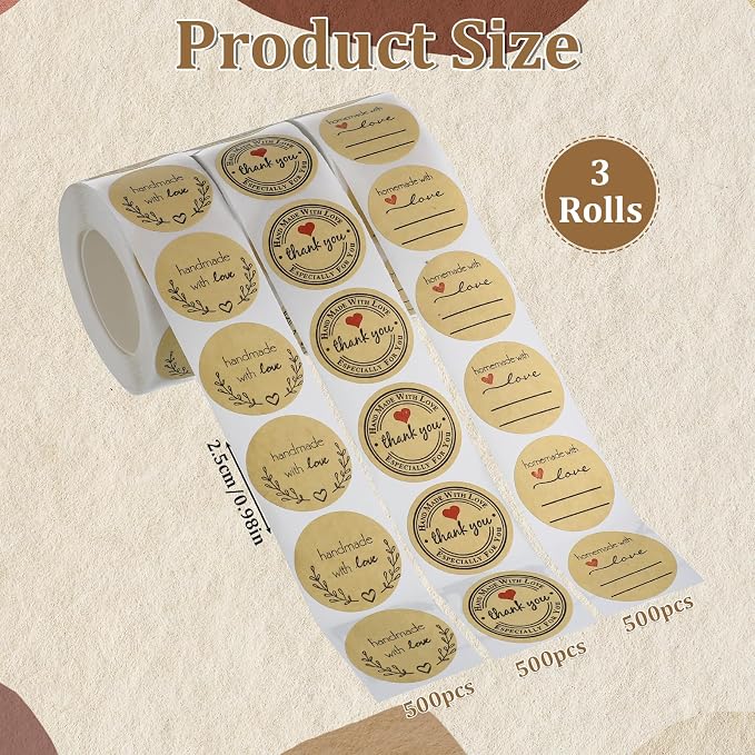 Handmade Stickers Set, 1500 Pieces Thank You Round Stickers Handmade with Love Sticker Roll 1 Inch Thank You & Love Labels Round Adhesive Eco-Friendly Sticker for Present Bag Thanksgiving (3 Rolls)