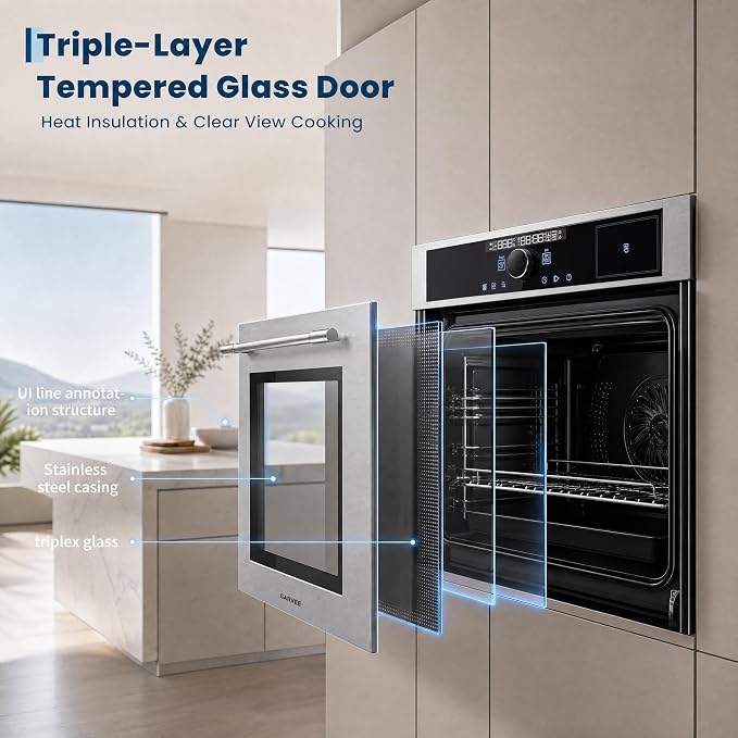 Garvee 24 Inch Built-in Single Wall Oven, 2.5 Cu. ft. Electric Oven, 3000W Power, 5 Cooking Functions, Touch & Mechanical Knob Control, Double Layer Low-e Glass Door, ETL Certified, Silver