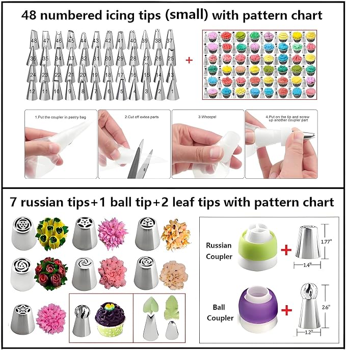 Cake Decorating Kit, 387 Pcs Baking Supplies (Blue) | 56 Icing Tips, 8 Russian+Ball Tips, 3 Spatulas, 5 Couplers, 8 Carved Pens, 102 Pastry Bags, Storage Box & More