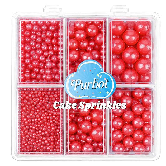 Red Pearl Sprinkles for Cake Decorating, 4 Sizes Sugar 130g/4.6oz, Cupcake, Ice Cream, Donuts, Macaron Toppings Supplies (2mm, 4mm, 7mm, 1cm)