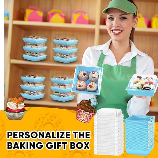 100 Pack Charcuterie Boxes with Clear Lids Valentine Gift 5 Inch Cookie Boxes Disposable Cake Case Paper Square Cookie Containers Dessert for Sandwich Slice Cake Hot Cocoa Bombs Strawberries(Blue)