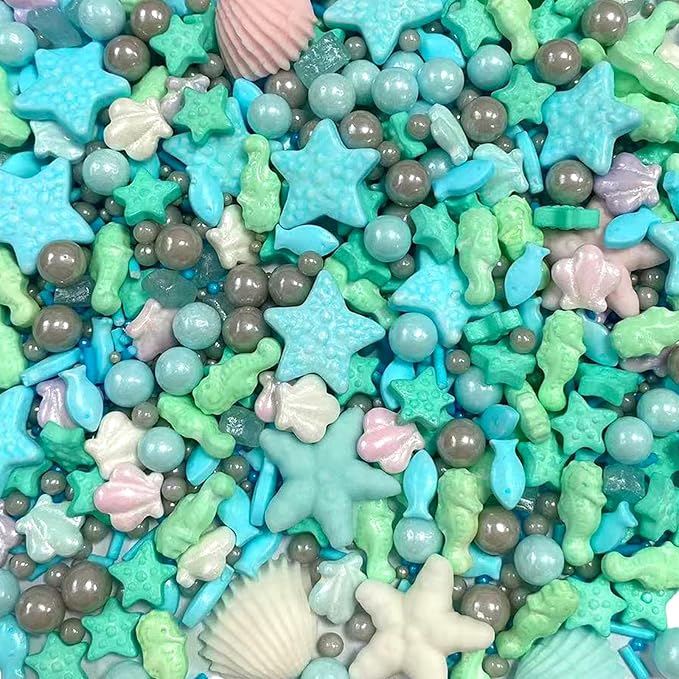 PhilaeEC Blue Ocean Sprinkle Hippocampi Starfish Shell Pearl Fish Mix Candy Edible Sea Theme Party Cake Decoration Baking Cookie Cupcake Toppers Valentines Halloween Christmas Supplies 3.35oz