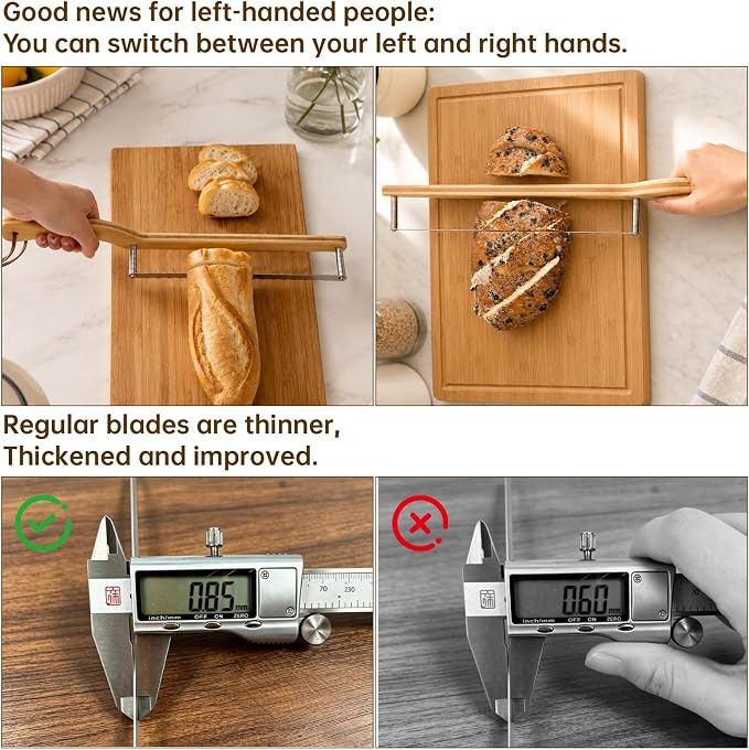 Homemade bread knife with an ergonomic handle | Serrated Sourdough Slicer, Bamboo Handle, Adjustable Blade, Measurement Marks for Even Slices, Left & Right Hand