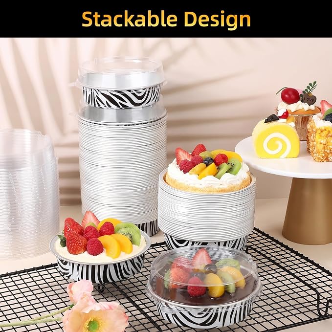 Beasea Disposable Ramekins with Lids, 120 Pack 7.3oz Mini Pie Tins Small Aluminum Foil Pie Tart Cake Baking Pans Individual Round Creme Brulee Containers for Party - Zebra Stripes