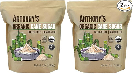 Anthony's Organic Cane Sugar, 3 lb, Granulated, Gluten Free & Non GMO (Pack of 2)