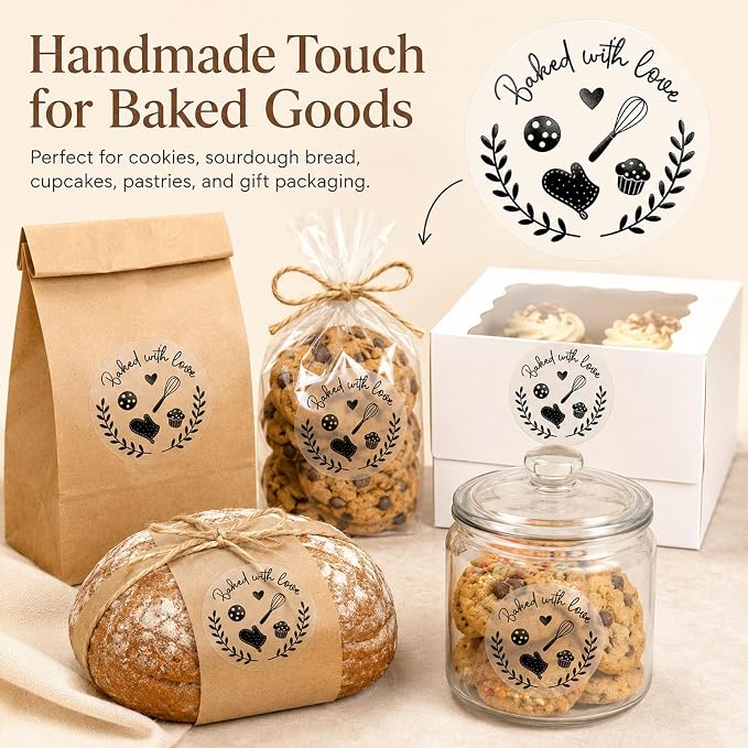 100 Baked with Love Stickers, Bakery Stickers, Baking Stickers & Cookie Stickers for Homemade Treats, Sourdough Bread, Pastry Packaging, Clear Black Foil Labels for Gift Bags & Small Business, 1.6''