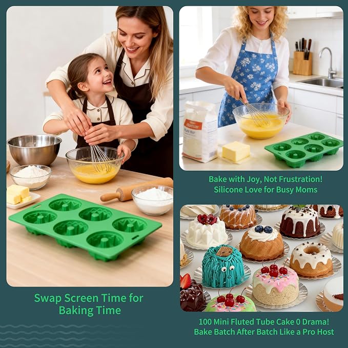 2PCS Mini Fluted Tube Cake Pan - 6-Cavity Silicone Baking Mold with Metal Reinforced Frame, Non-Stick Mini Cake Pan for Cupcakes/Donuts/Brownies/Jellies, Gift for Bakers & Home Kitchen