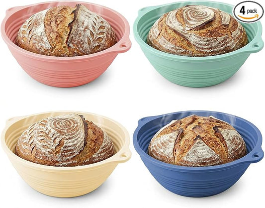 4-Pack Silicone Banneton Bread Proofing Baskets, 9.3-Inch Round Foldable Dough Bowls with Reinforced Rim, Oven & Dishwasher Safe, BPA-Free (Green, Blue, Pink, Beige)