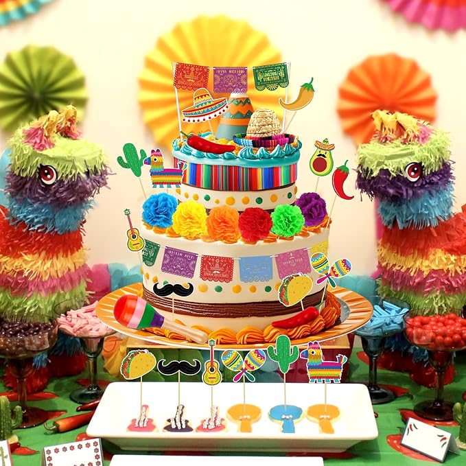 Hooqict 33Pcs for Fiesta Cake Decorations Set with Mini Papel Picado Banner, Serape Ribbon, Taco, Flower Mexican Cake Toppers & Cupcake Toppers for Cinco de Mayo Mexican Theme Party Decorations