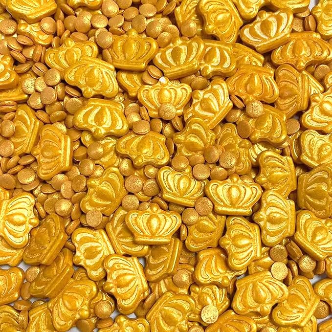 PhilaeEC King Gold Crown Sprinkles Mardi Gras Cake Decoration Gold Round Coffite Mix Candy Edible Cookie Cupcake Toppers Valentines Halloween Christmas Supplies
