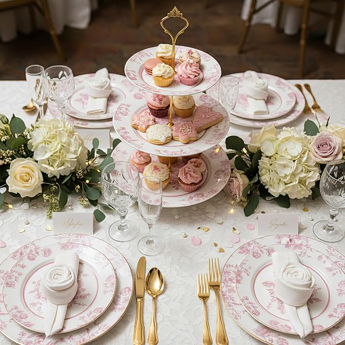 Lallisa Pink Floral 3 Tier Dessert Stand 10", 9" and 7" Ceramic Vintage Chinoiserie Tea Party Tiered Tray Cupcake Stand Display Holder Tower for Wedding Baby Shower Bridal Shower Tea Party