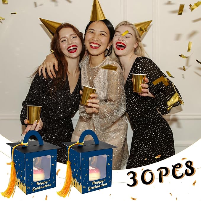 Graduation Cupcake Boxes Individual Cupcake Container Grad Cupcake Gift Boxes with Window for 2026 College Grad Party Bakery Wrapping (Blue-30pc)