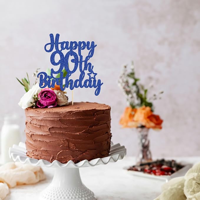 Gyufise 1Pc Happy 90th Birthday Cake Topper Glitter 90 & Fabulous Cheers to 90 Years Old Birthday Cake Pick for Celebrating 90th Birthday Anniversary Party Cake Decorations Supplies Blue