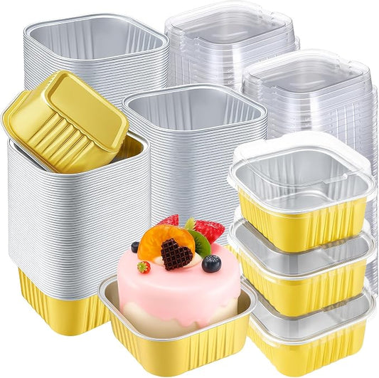 200 Pack 5 oz Mini Cake Pans with Lid, Aluminum Foil Mini Baking Tins, Square Disposable Cupcake Baking Cup Dessert Container for Wedding Birthday Party Picnic(Gold,Classic)