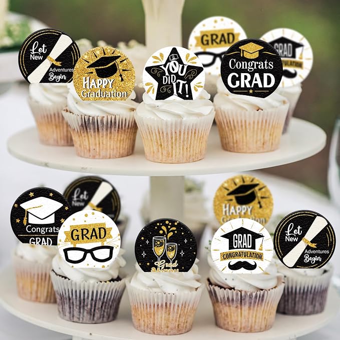 36PCS Edible Graduation Cap Cupcake Toppers Wafer Paper Grad Cap Diploma Cake Decorations Edible Grad Cap Cupcake Picks for 2026 Grad Theme Party Cake Decor Supplies (Black)