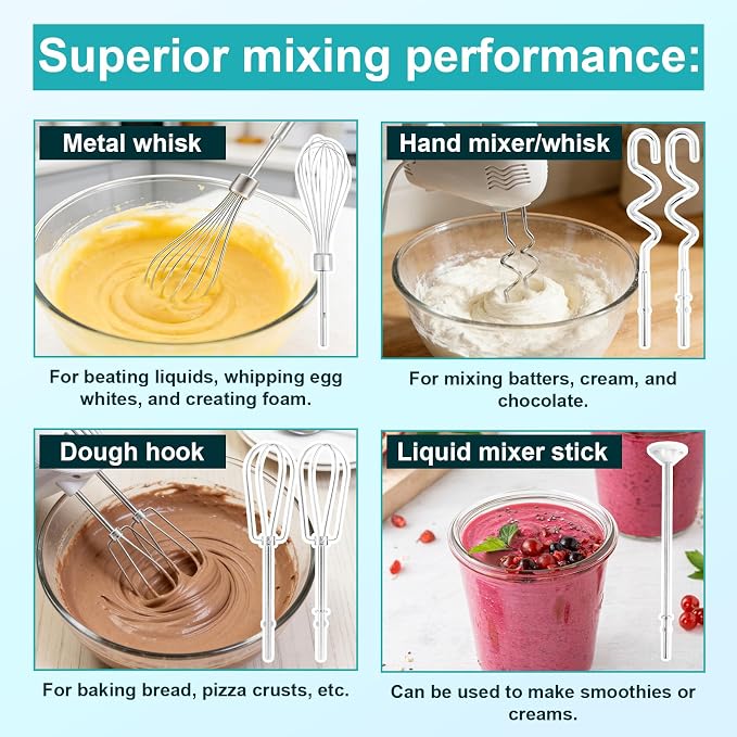 6pcs Hand Mixer Beaters Attachments, Stainless Steel Dough Hooks, Whisk & Blending Rod Replacement Electric Hand Mixer Accessories Set Compatible with