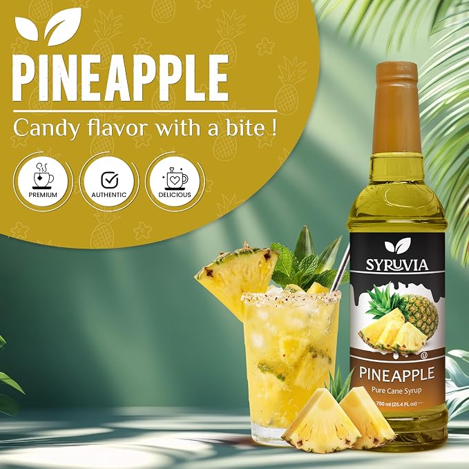 Syruvia Pineapple Syrup, Flavored Syrup for Cocktails, Fruit Drinks, Lemonades, and Desserts – 25.4 fl oz - with Pump