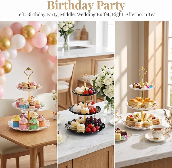 DEAYOU 4 Pack 3 Tier Cupcake Dessert Stand, Plastic Tiered Cake Stand Display Tower, Pastry Serving Tray Platter Rack Holder for Buffet, Cookie, Party, Wedding, Home Decor, White Gold, Black Gold
