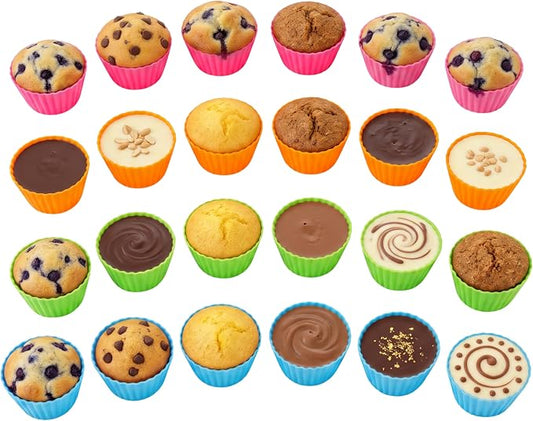 Bakerpan Silicone Mini Cupcake Liners 24 Pack - Reusable Non-Stick Muffin Cups - BPA-Free Baking Cups for Mini Muffin Pan, Candy & Chocolate Molds, 4 Vibrant Colors
