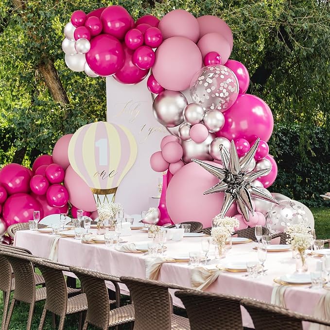Hot Pink Silver Balloons Arch Garland Kit-Macaron Pink Balloon Silver Explosion Star Foil 127Pcs for Baby Princess Birthday,Baby Shower,Anniversary,Wedding,Graduation Party Decorations.