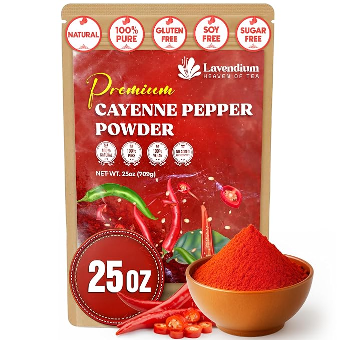 Lavendium, Premium 25oz Cayenne Pepper Powder, 100% Natural & Pure Ground Cayenne Pepper, No Additives or Preservatives, Non-GMO, Plant-Based & Vegan, Perfect for Seasoning, Marinades, Chili & BBQ Rubs