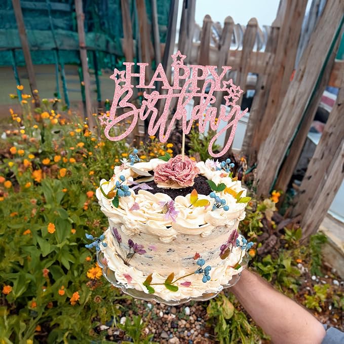 Gyufise 1Pcs Happy Birthday Cake Topper Glitter Happy Birthday Cake Pick for Celebrating Happy Birthday Anniversary Theme Party Cake Decorations Supplies Dark Pink