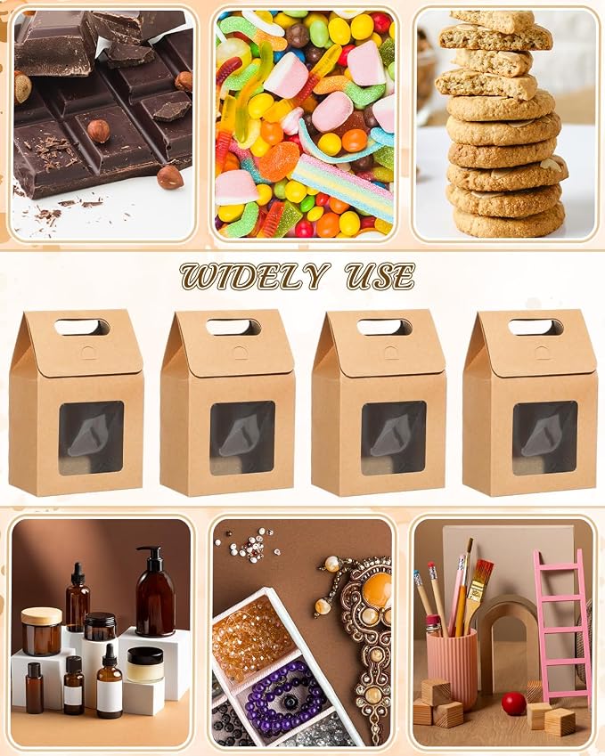 24 Pieces MINI Kraft Paper Gift Bags with Clear Window Small Goodies Gift Boxes with Handle 5.9 x 3.9 x 2.3inch Gable Candy Treat Box for Purim, Bakery Cookies, Wedding Favors, Small Business (brown)
