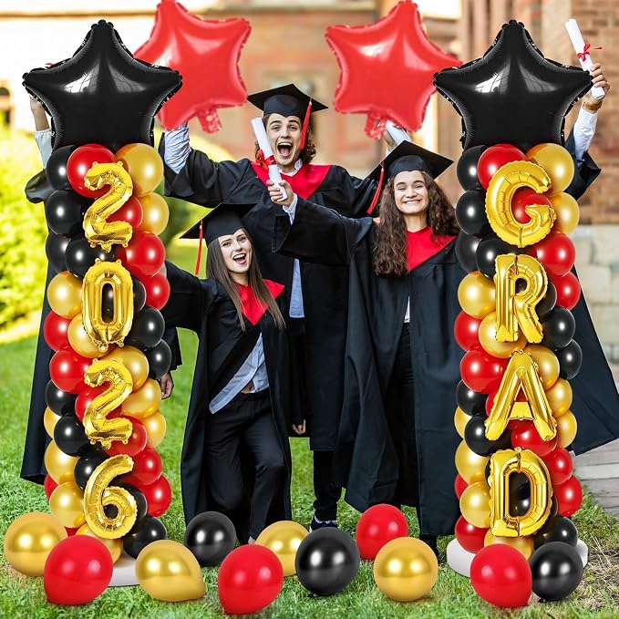 2 Sets Graduation Balloon Column Stand Kit with Balloons Prom Send off 2026 Grad Prom Themed Decor Black Red Balloon Tower Stand for Floor Grad School & College Celebration Party Supplies