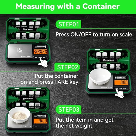UNIWEIGH Digital Gram Scale 500g x 0.01g Accuracy Small Scale | Mini Pocket Jewelry Scale 6 Units/LCD,Weighs Small Food,Coin,Powder,Micro,Grains,Tare Function,Green(Battery Included)
