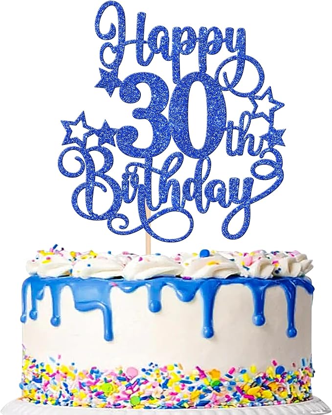 1 PCS Happy 30th Birthday Cake Topper Glitter Cheers to 30 Years Birthday Cake Pick Hello 30 Fabulous Cake Decoration for Happy 30th Birthday Anniversary Party Decorations Supplies Blue