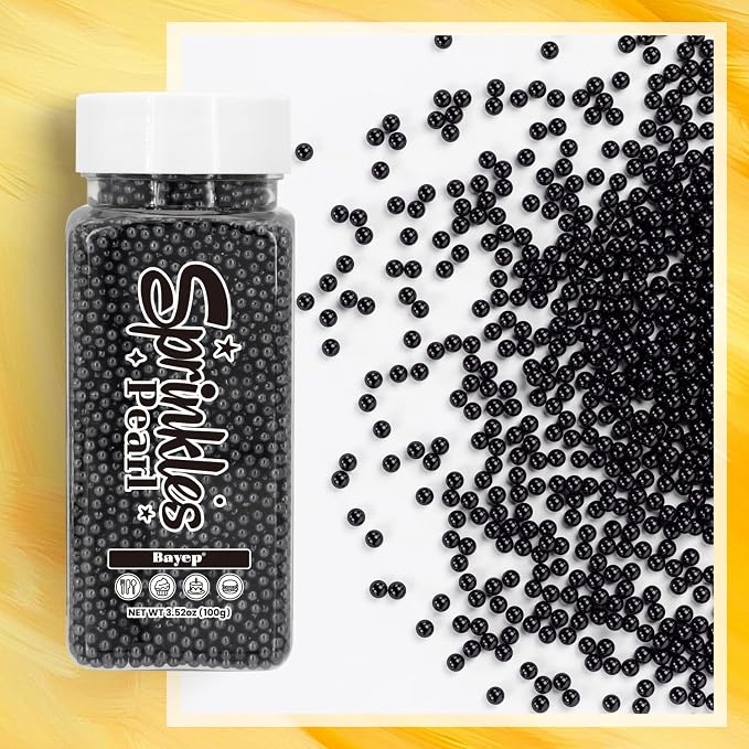 Bayep Edible Pearls for Cake Decorating 2mm Black Sprinkles for Cookies, Baking, Ice Cream, Cupcake Topper Pearl Sprinkles Perfect for Wedding Party Valentines Christmas Holiday Supplies 3.52 Ounce