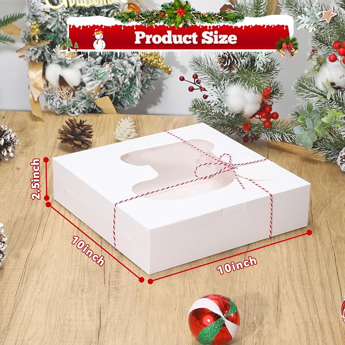 COTOPHER 18Pcs Christmas Cookie Boxes with Window, 10x10x2.5 inch White Bakery Boxes for Gift Giving, Kraft Treat Boxes Dessert Boxes for Cakes Donuts Chocolate Strawberries Pastries Muffins