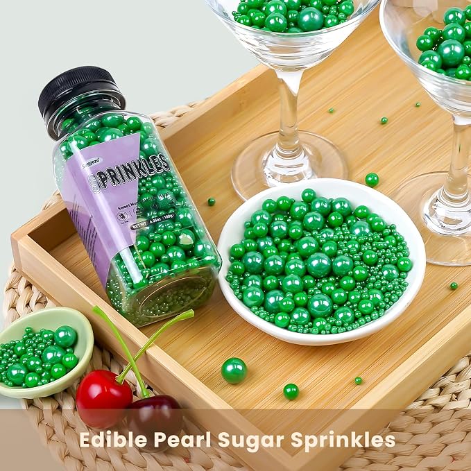 Deep Green Sugar Pearl Sprinkles, Edible Sugar Pearls for Cake Decorating, Baking Cake Decorations, Cupcake Toppers, 180g/6.35oz, Mix Size, Easter Party Holiday Supplies