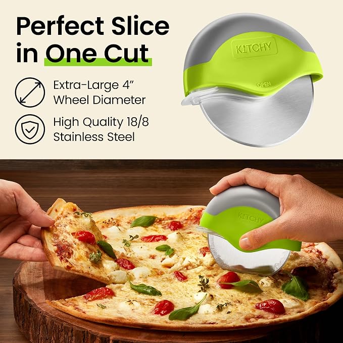 Kitchy Pizza Cutter Wheel, Heavy Duty Ergonomic Pizza Slicer with Easy Grip Non-Slip Handle and Blade Cover, Dishwasher Safe (Green)