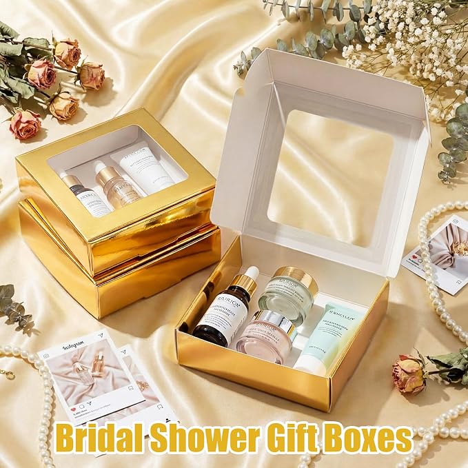 Zonon 60 Pcs Kraft Paper Boxes with Window 4.13 x 4.13 x 1.18 Inch Candy Packaging, Small Gift Boxes, Soap holder, Mini Treat Packaging for Bakery Chocolate Jewelry Display (Gold)