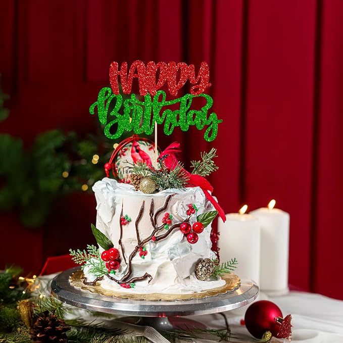 Gyufise 1Pcs Happy Birthday Cake Topper Glitter Happy Birthday Cake Pick for Christmas Theme Wedding Anniversary Theme Party Cake Decorations Supplies Green Red