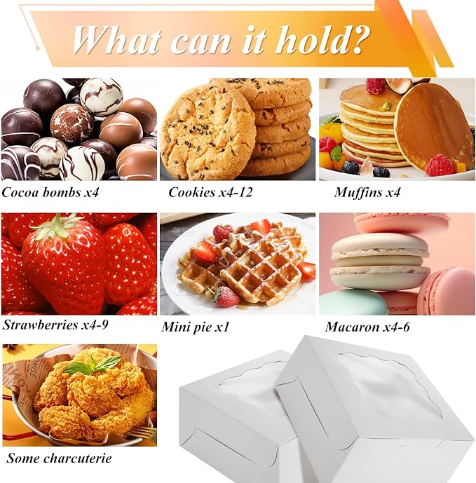 YAYODS 100 Pack Cookie Boxes 6x6x3 Inches Bakery Boxes with Window, White Treat Box with Stickers for Desserts, Pastry, Small Donut, Individual Cupcakes, Baked Goods
