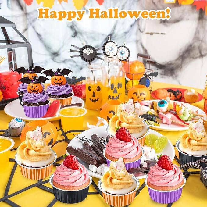 200 Pack Aluminum Foil Cupcake Liners with Lids, 5 oz Round Baking Cup, Disposable Ramekin Container for Graduation Wedding Independence Day Party(Purple, Orange, Black,Halloween)