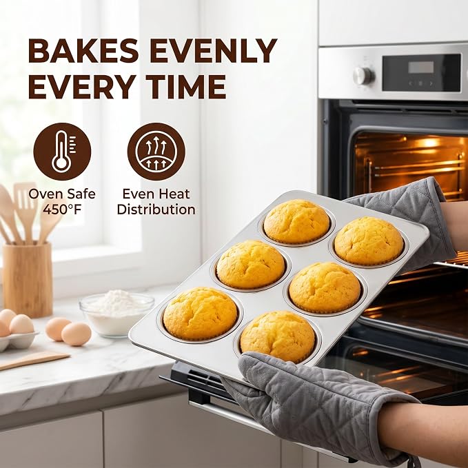 LIANYU 6 Cup Muffin Cupcake Pan, Stainless Steel Muffin Tin Mold for Baking Cup Cake, Brownie, Regular Size Metal Muffin Baking Tray, Oven & Dishwasher Safe