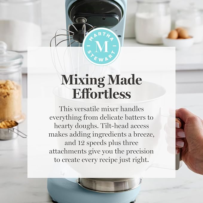 Martha Stewart 5.3Qt Stand Mixer, 12-Speed Tilt-Head Electric Kitchen Mixer with Stainless Steel Bowl, Dough Hook, Whisk & Beater, Splash Guard, Ideal for Baking Bread, Cake & Whipping, Sky Blue